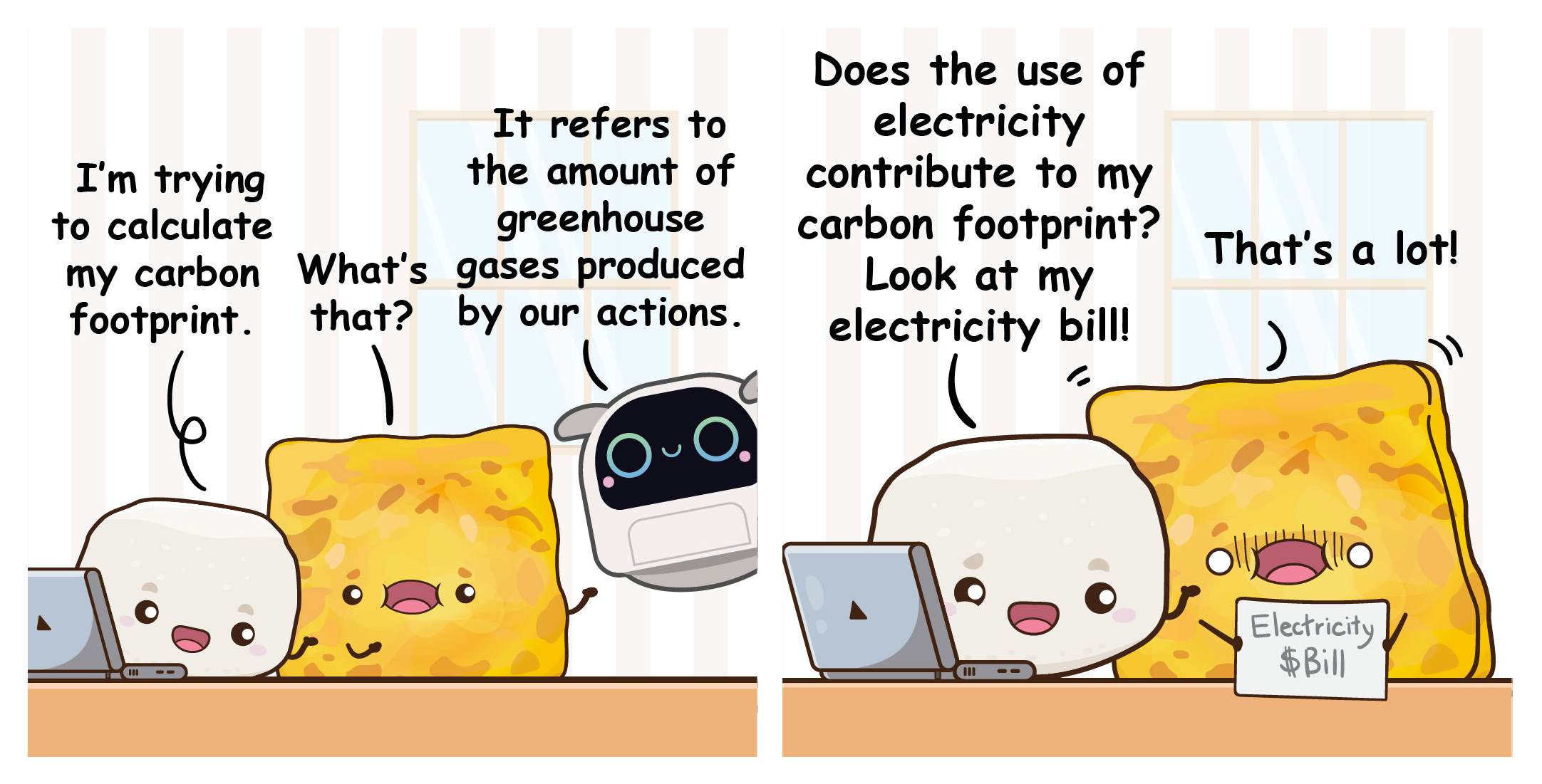 Two-panel comic where Bouncy calculates his carbon footprint while Flip gasps at the size of his electricity bill.